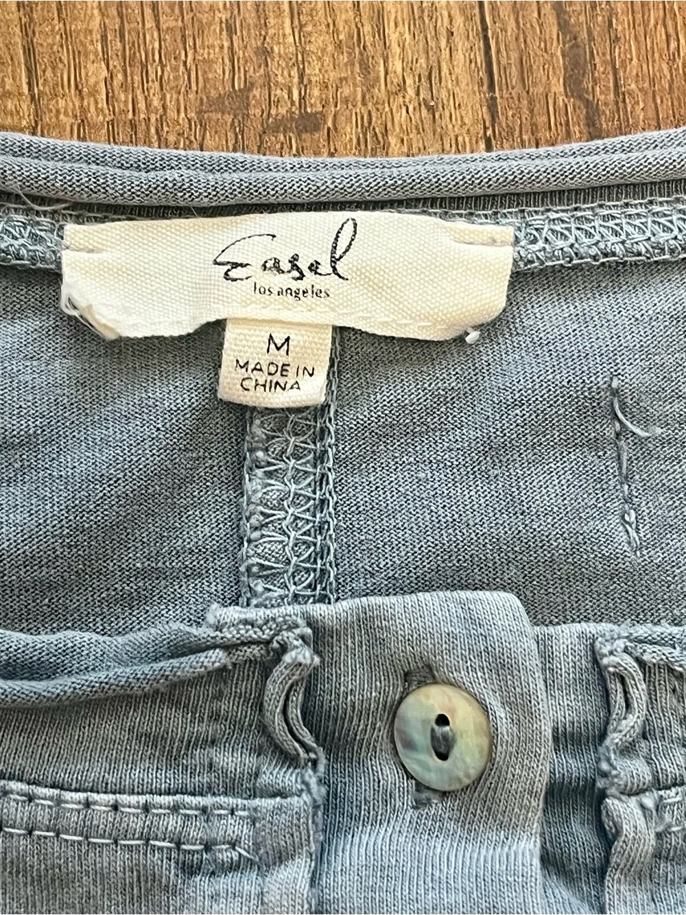 Easel Women’s Light Blue Long Sleeve Henley Top with Striped Cuffs - Picture 6 of 8